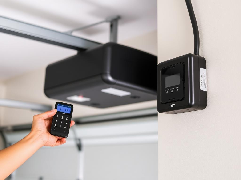 Garage door opener mechanism being inspected by homeowner for troubleshooting